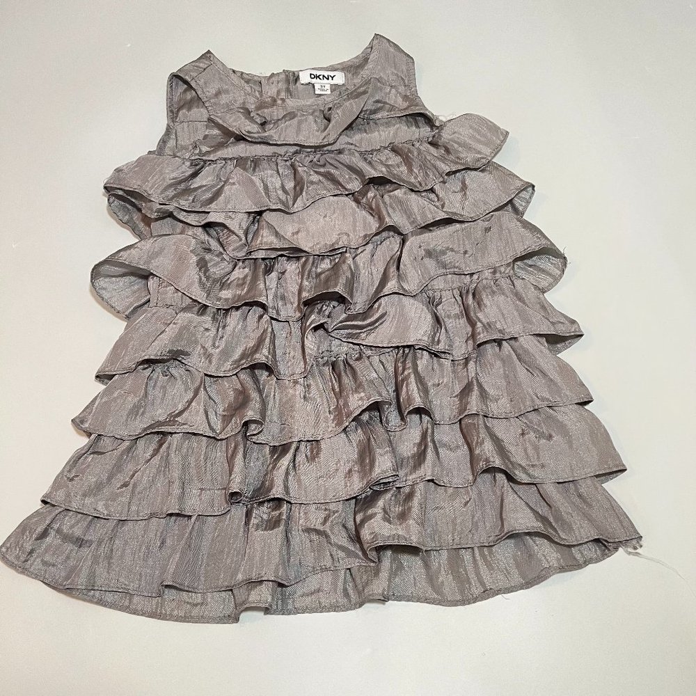 DKNY beautiful little girls ruffled silver dress. Size 3T